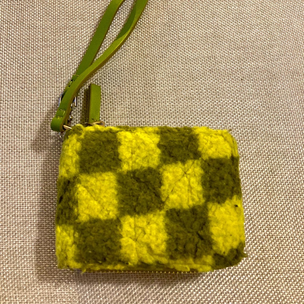Women’s green checkered fuzzy wallet with wristlet